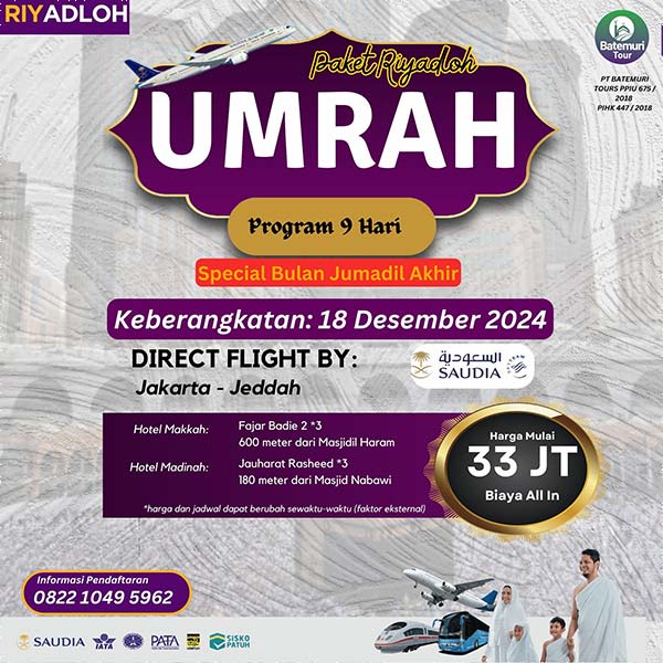 Umrah Jumadil Akhir 1446 H, Paket 9 Hari, Batemuri Tour, Keberangkatan: 18 Desember 2024